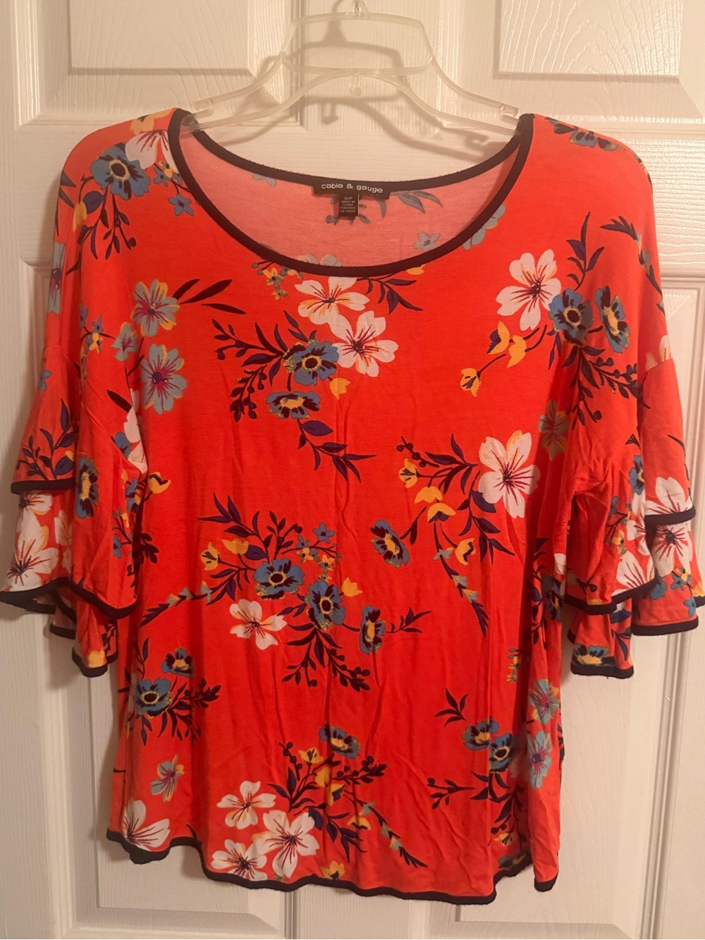 Cable & Gauge Orange Floral Ruffle Sleeve Top